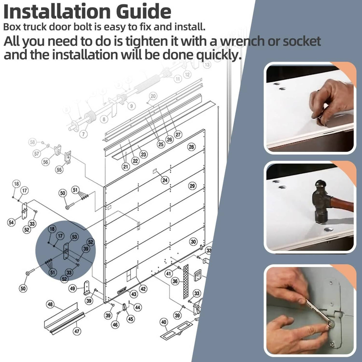 Carriage bolt and lock nuts installation diagram with illustrated hardware pieces.