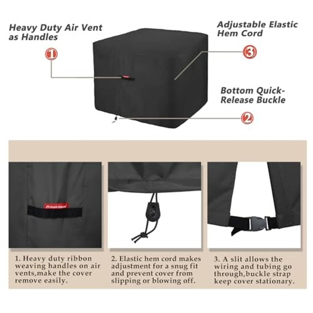 Dark AC cover with vent handles, elastic hem cord, and bottom buckle