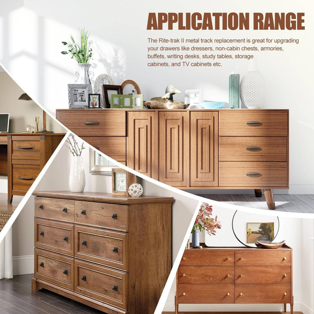 Drawer guide kit for use with wooden cabinets and drawers, shown across multiple drawer styles