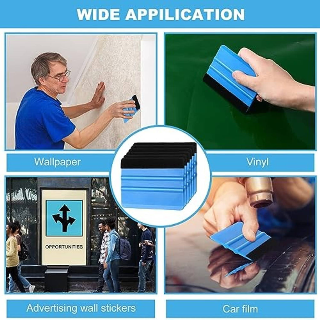 Blue vinyl squeegee with felt edge, rectangular scraper for vinyl film applications