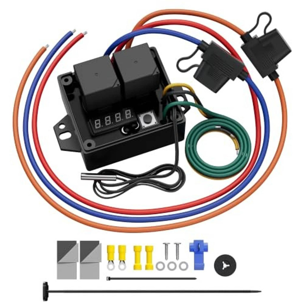 Digital radiator fan controller switch kit with black LED display module and bundled colored wires