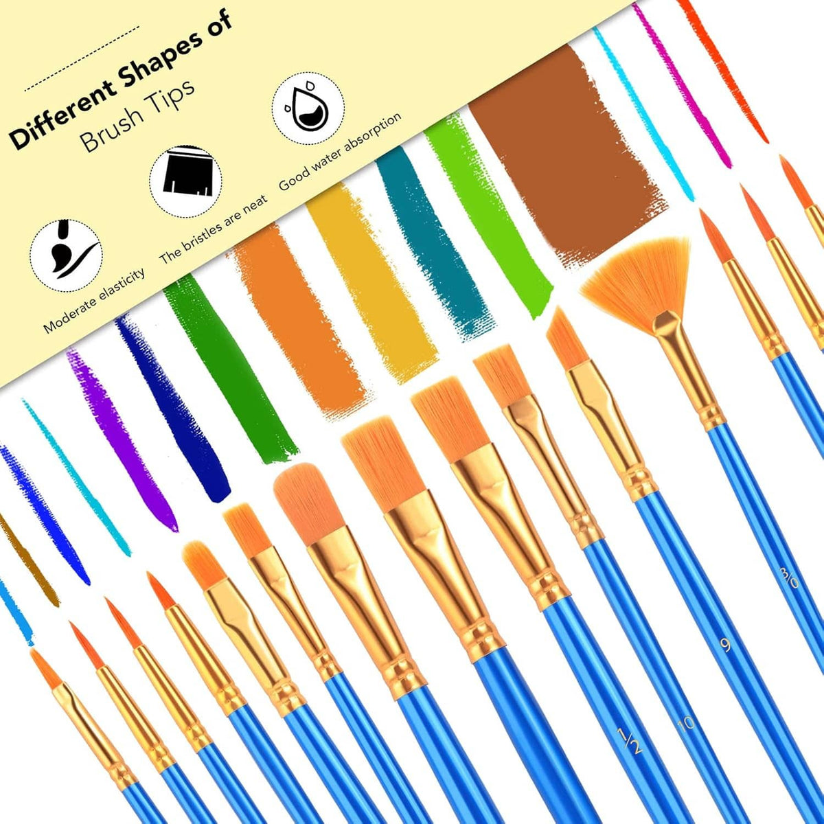 Acrylic paint brush set showing different brush shapes with orange bristles and blue handles