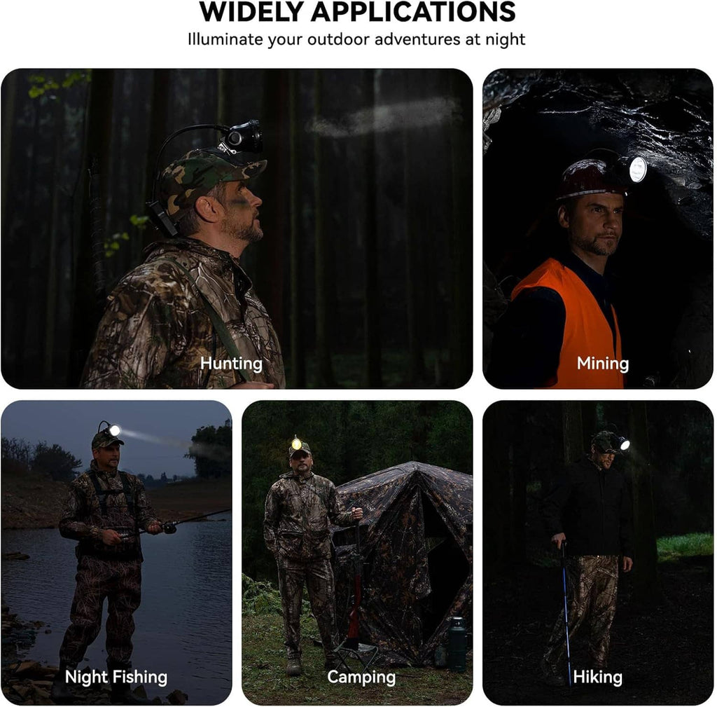 Camouflage hunting headlamp hat with spotlight, for nighttime outdoor use.