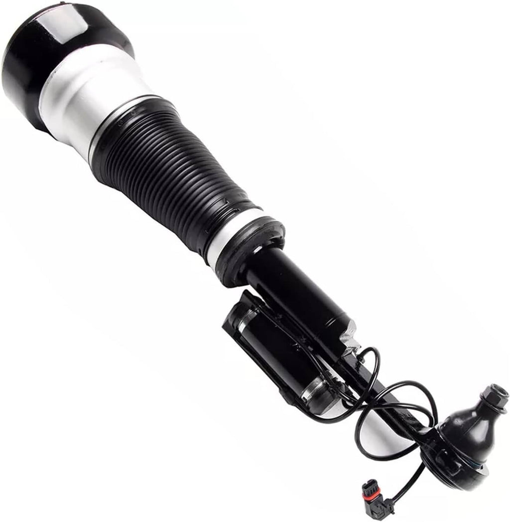 Front air suspension strut with ribbed black spring sleeve, silver body, and wiring