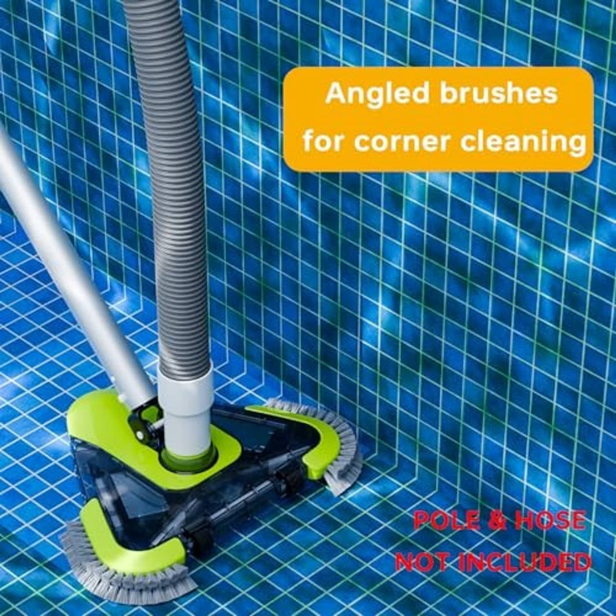 Pool vacuum head on pool surface with angled corner brushes and gray vacuum hose.