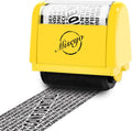 Yellow roller stamp with black ink pad, stamping CONFIDENTIAL text on paper strip