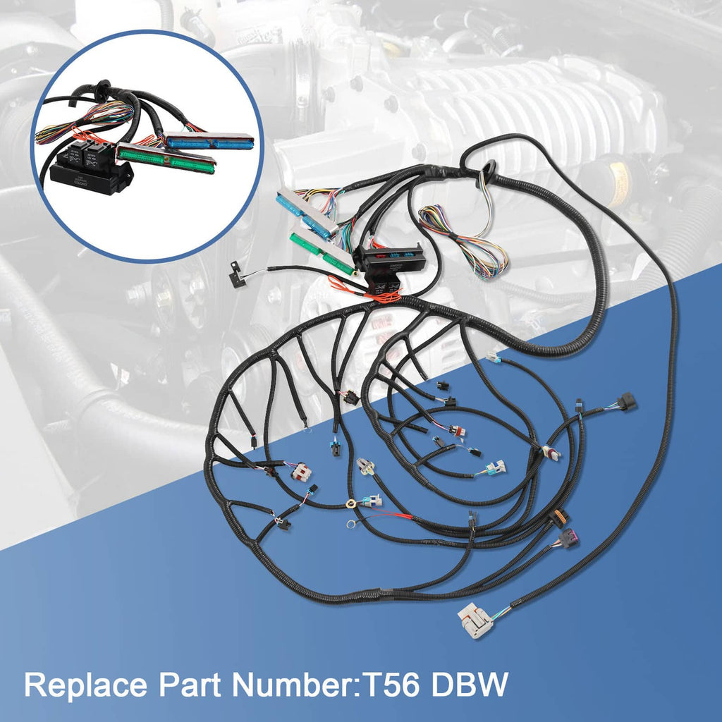 Engine wiring harness with multi-color wires and inline connectors