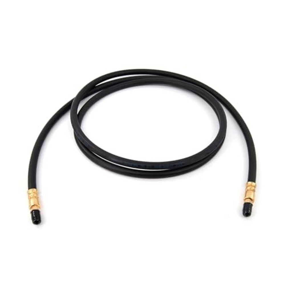 Flexible black rubber brake hose loop with brass end fittings and connector caps