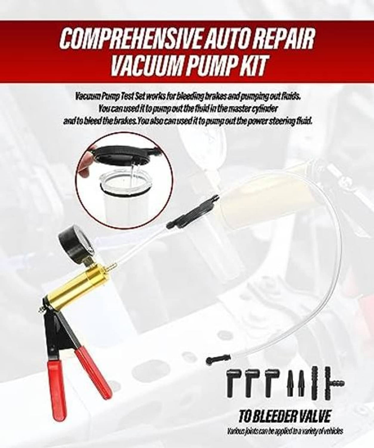 Vacuum pump kit with gold pump, black hand pump, clear hoses, and red adapter set