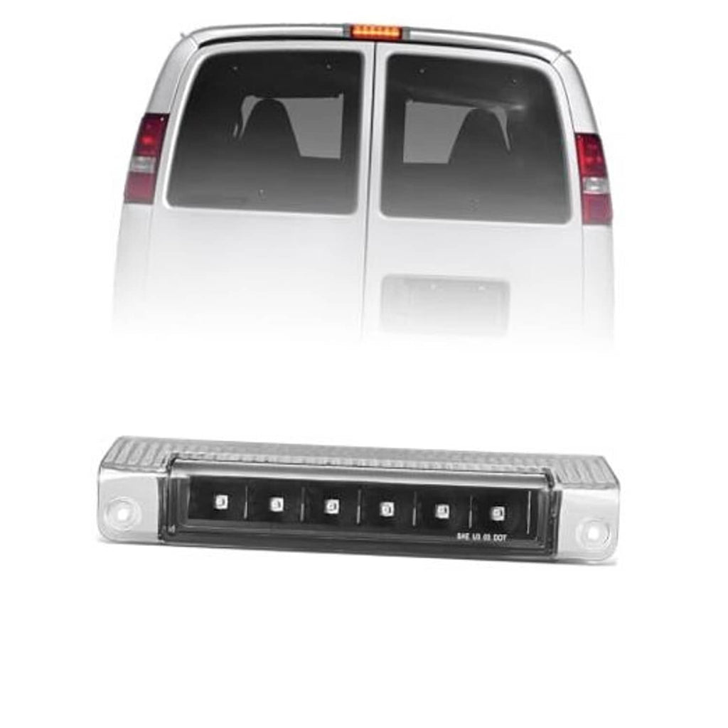 Third brake light with clear lens and black housing on white van, unlit