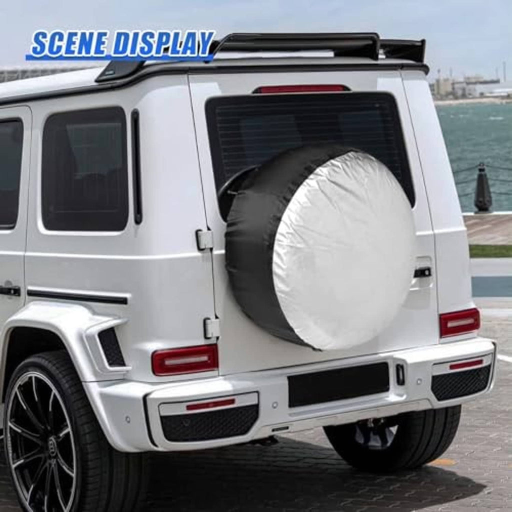 Tire storage cover bag on car rear, white center with black outer band and handle