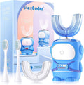 Blue kids U-shaped electric toothbrush with base, plus two replacement brush heads