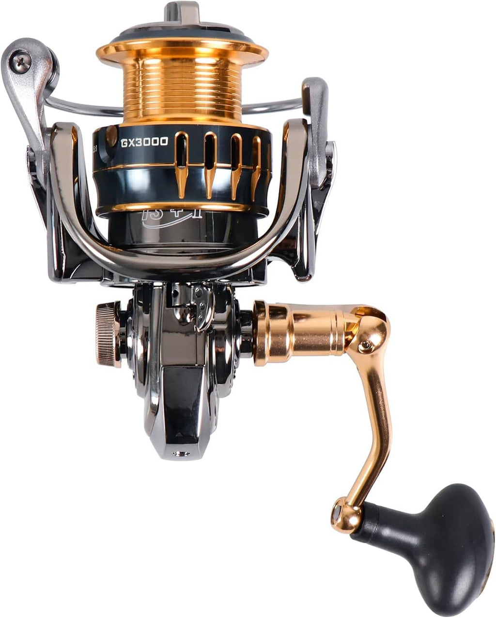Spinning fishing reel top view with gold spool, chrome frame, and front handle