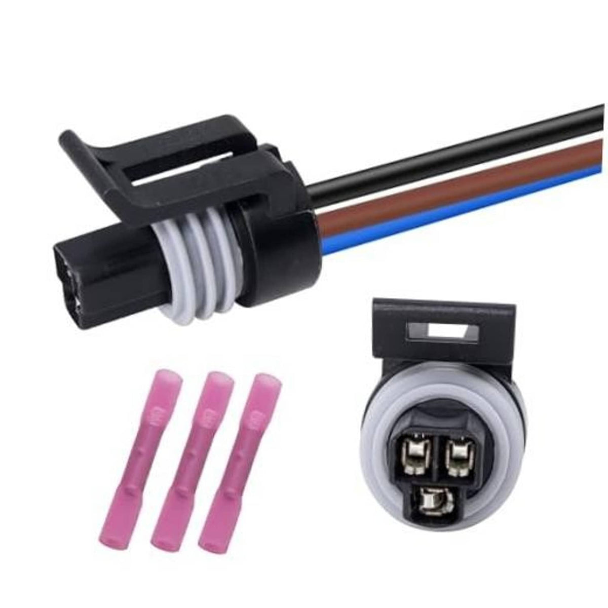 Oil pressure sensor connector with 3 wires, female plug, and three purple butt connectors