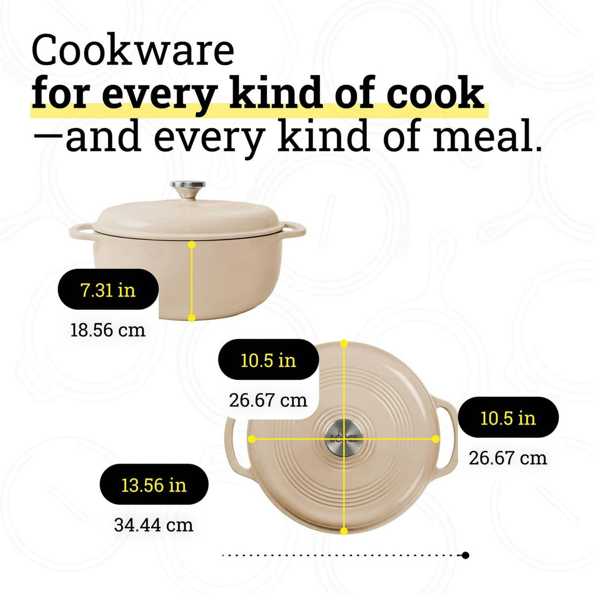 Sandstone enamel cast iron Dutch oven with labeled size dimensions diagram