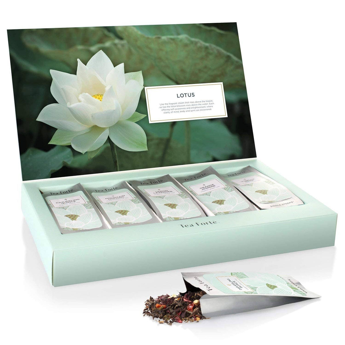 Lotus tea sampler tray with labeled packets, plus loose tea and an ingredient card