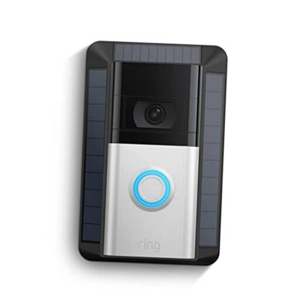 Solar-powered Ring doorbell charger, black with blue button and top solar panel