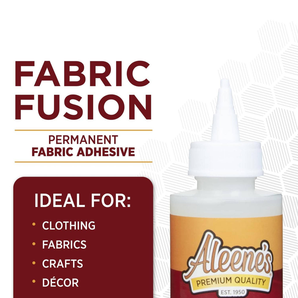 Aleene's Fabric Fusion permanent fabric adhesive bottle with ideal-for clothing and crafts.