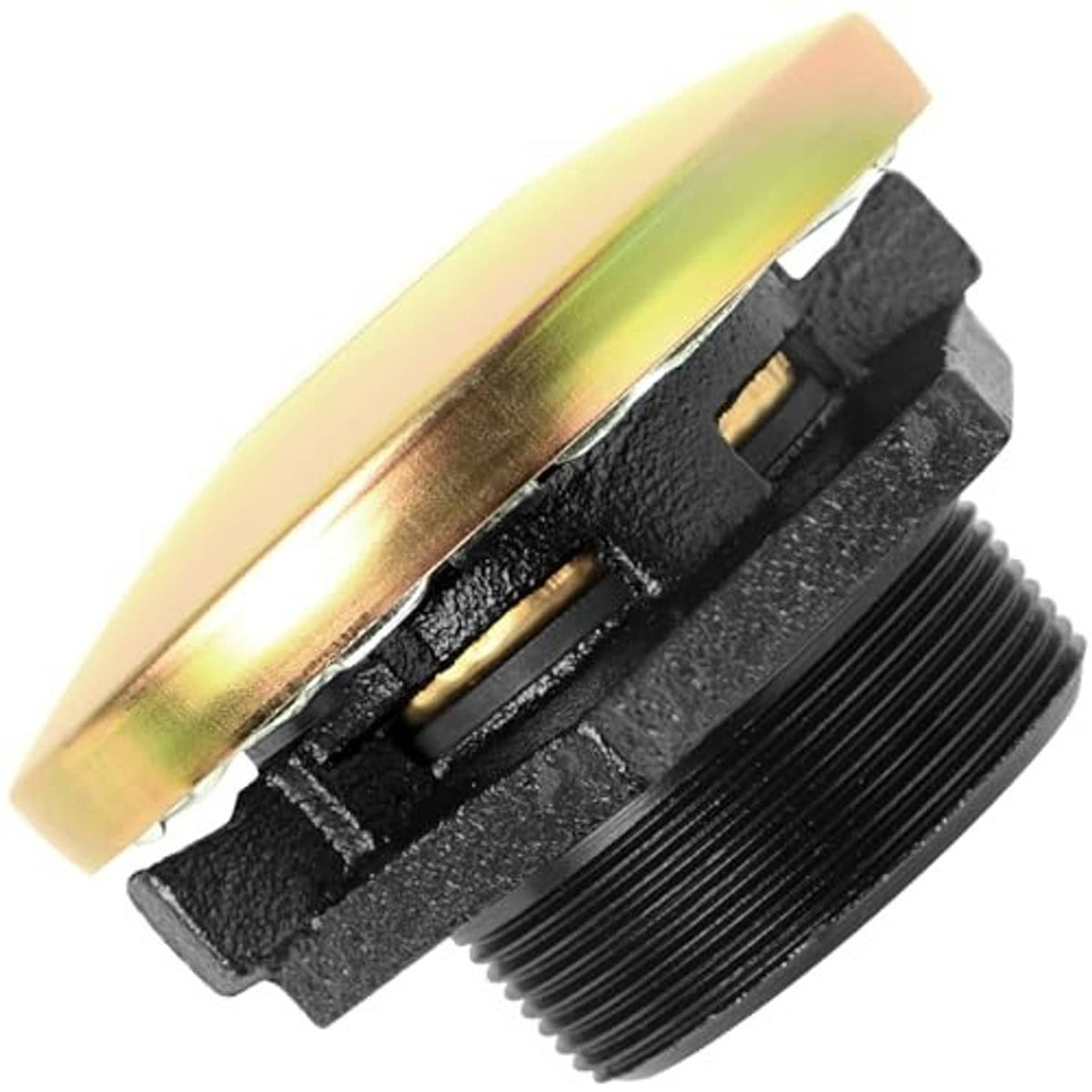 Vented diesel fuel cap close-up with gold-toned lid and black threaded neck