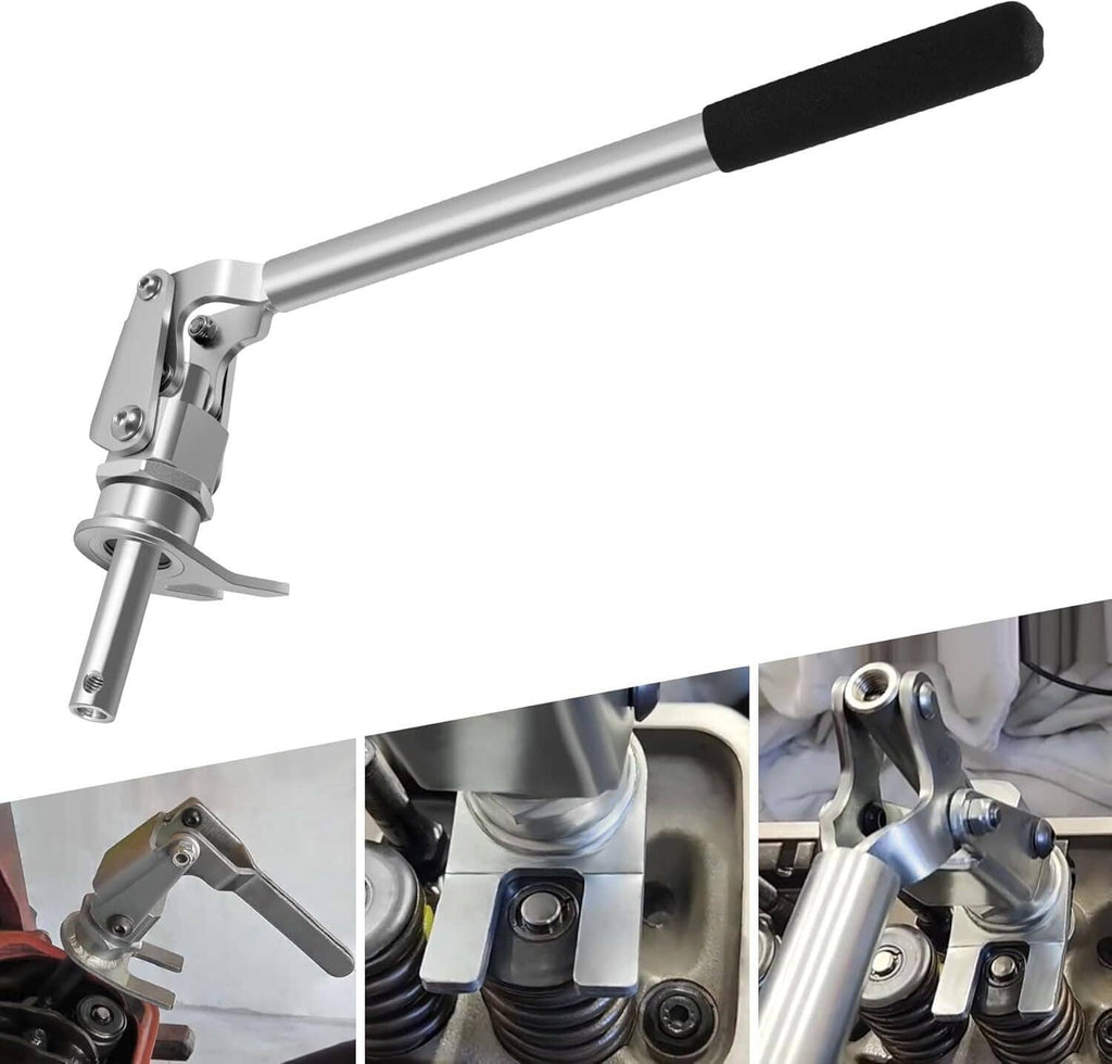 Valve spring compressor with long silver bar, black grip, and compact clamp head