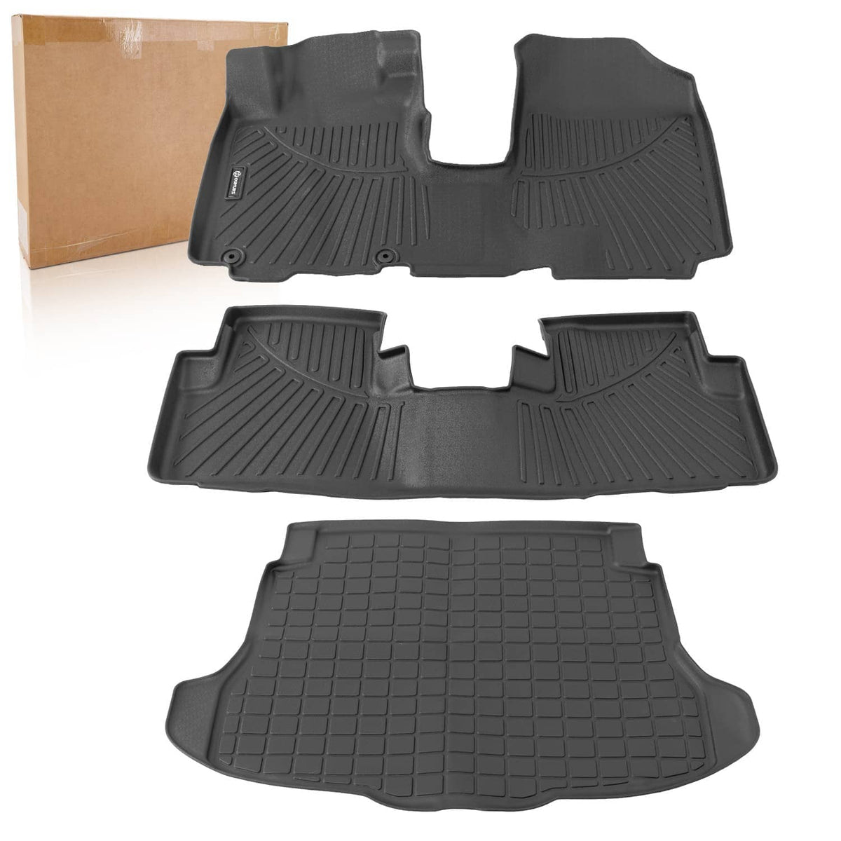 Dark gray floor mats and cargo liner with raised diagonal channels and grid tread.