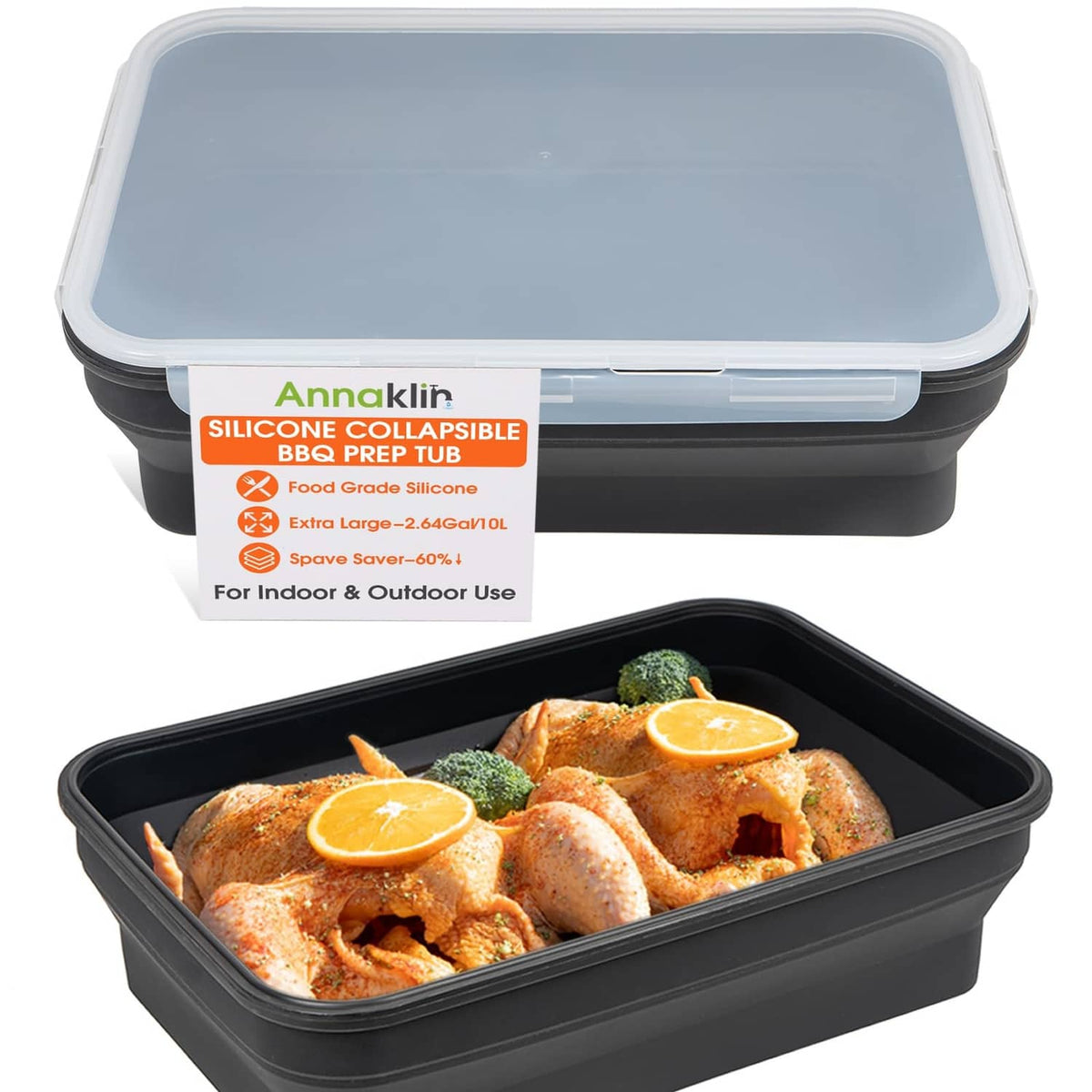 Collapsible silicone prep tub, extra-large black with lid and food inside