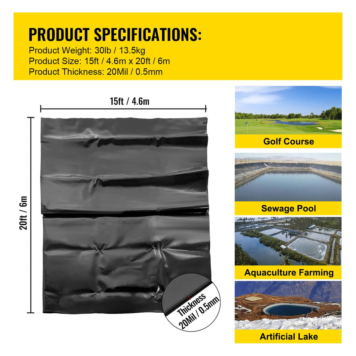 Black 15x20 ft pond liner specifications with 20 mil thickness diagram