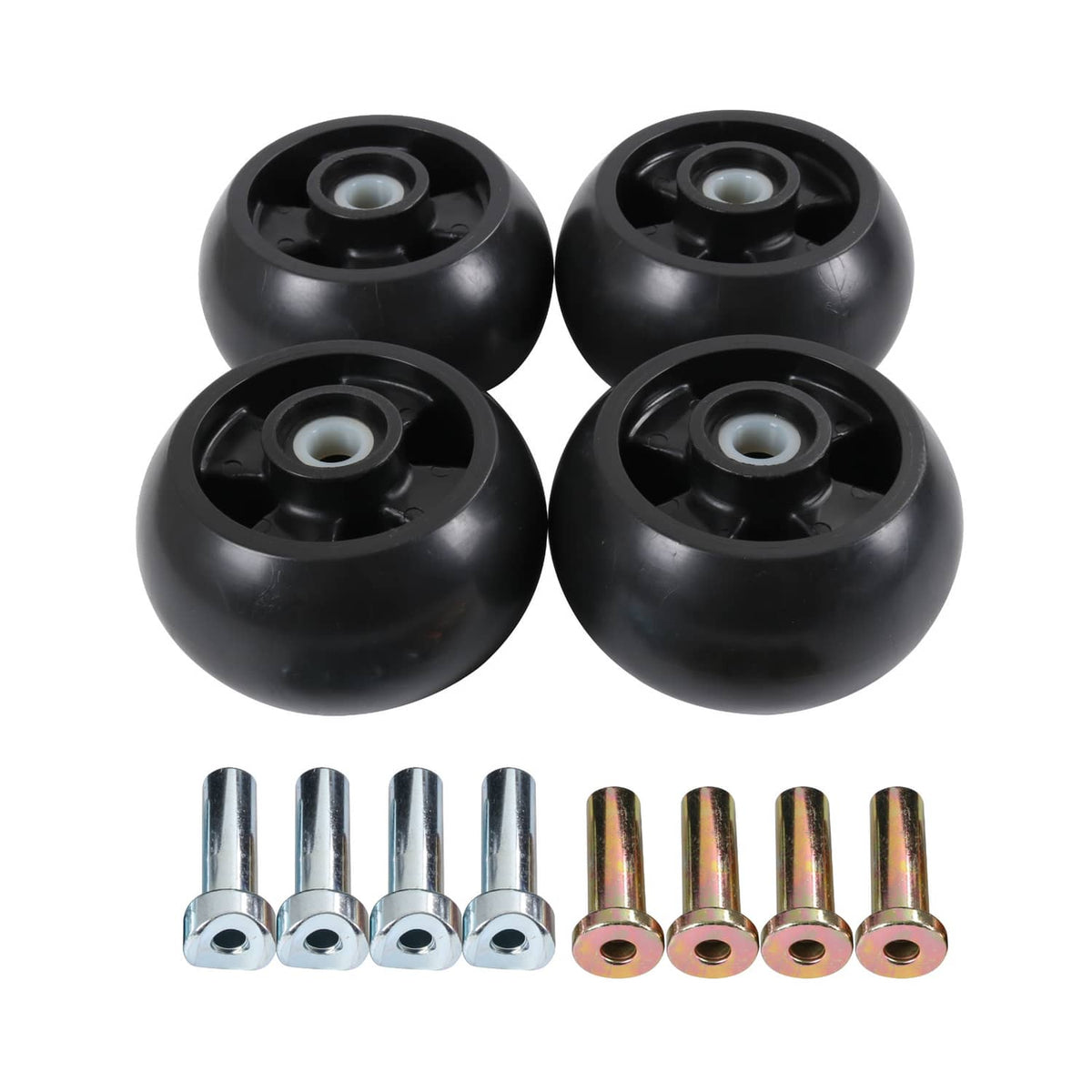 Black deck mower wheel kit with four wheels and mounting bolts with washers