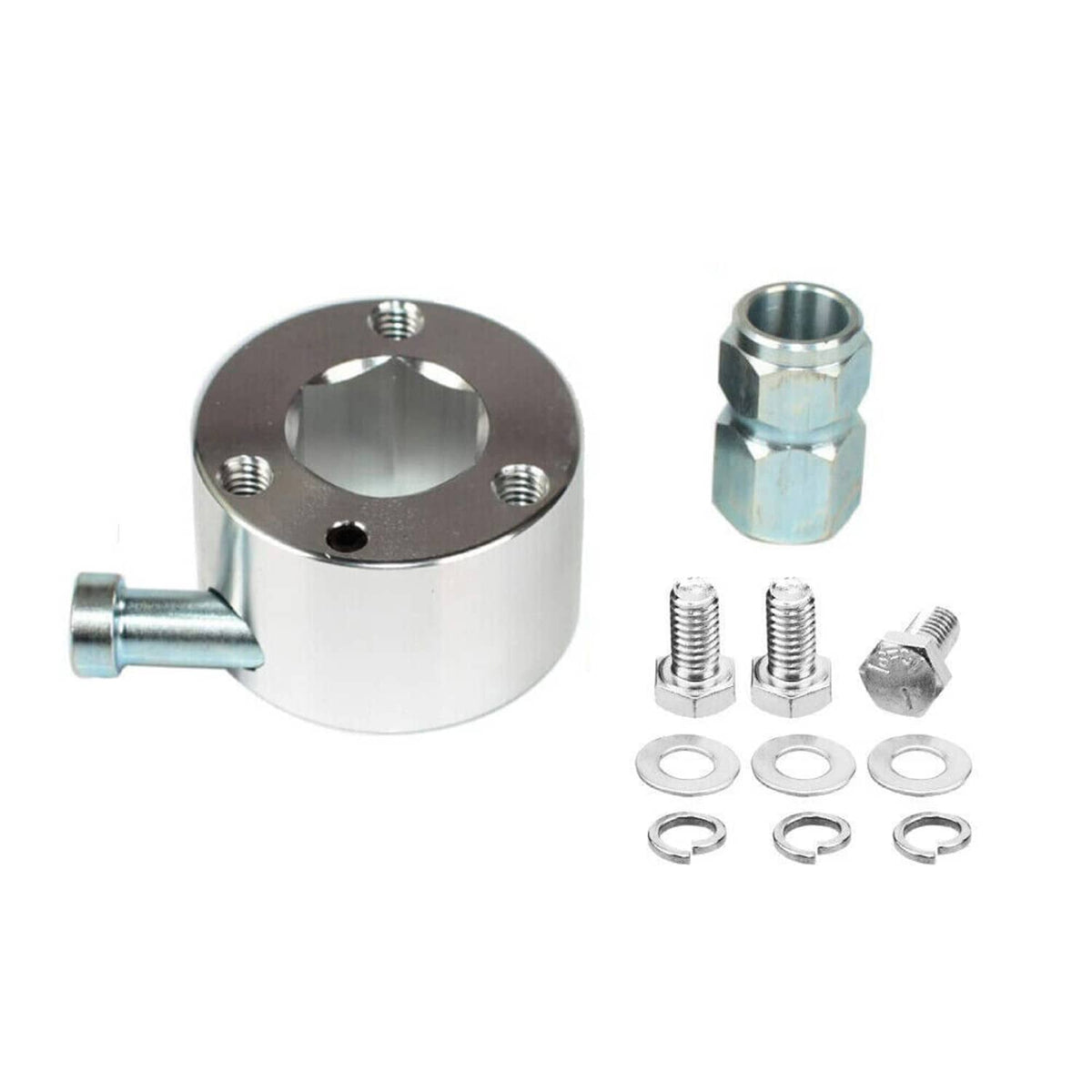 Silver quick-release steering wheel hub with release lever and bolt set
