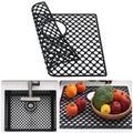 Black silicone sink mat with open hexagonal dot pattern and raised edges