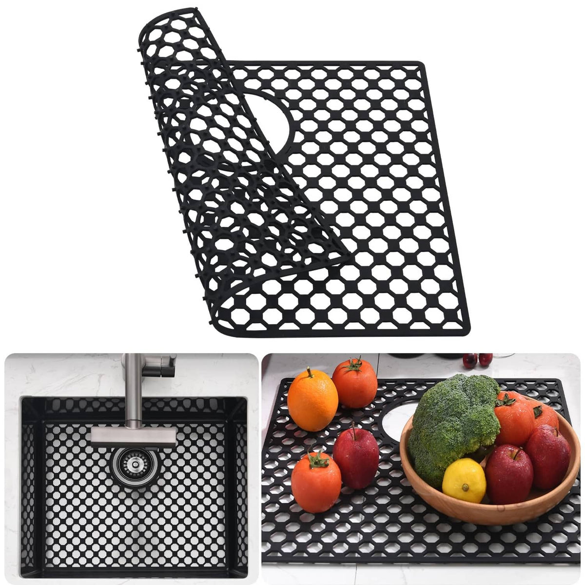 Black silicone sink mat with open hexagonal dot pattern and raised edges