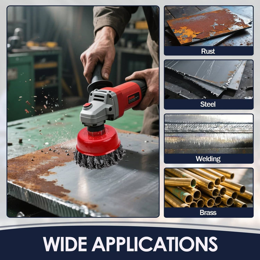 Red wire cup brush in use on metal with an angle grinder