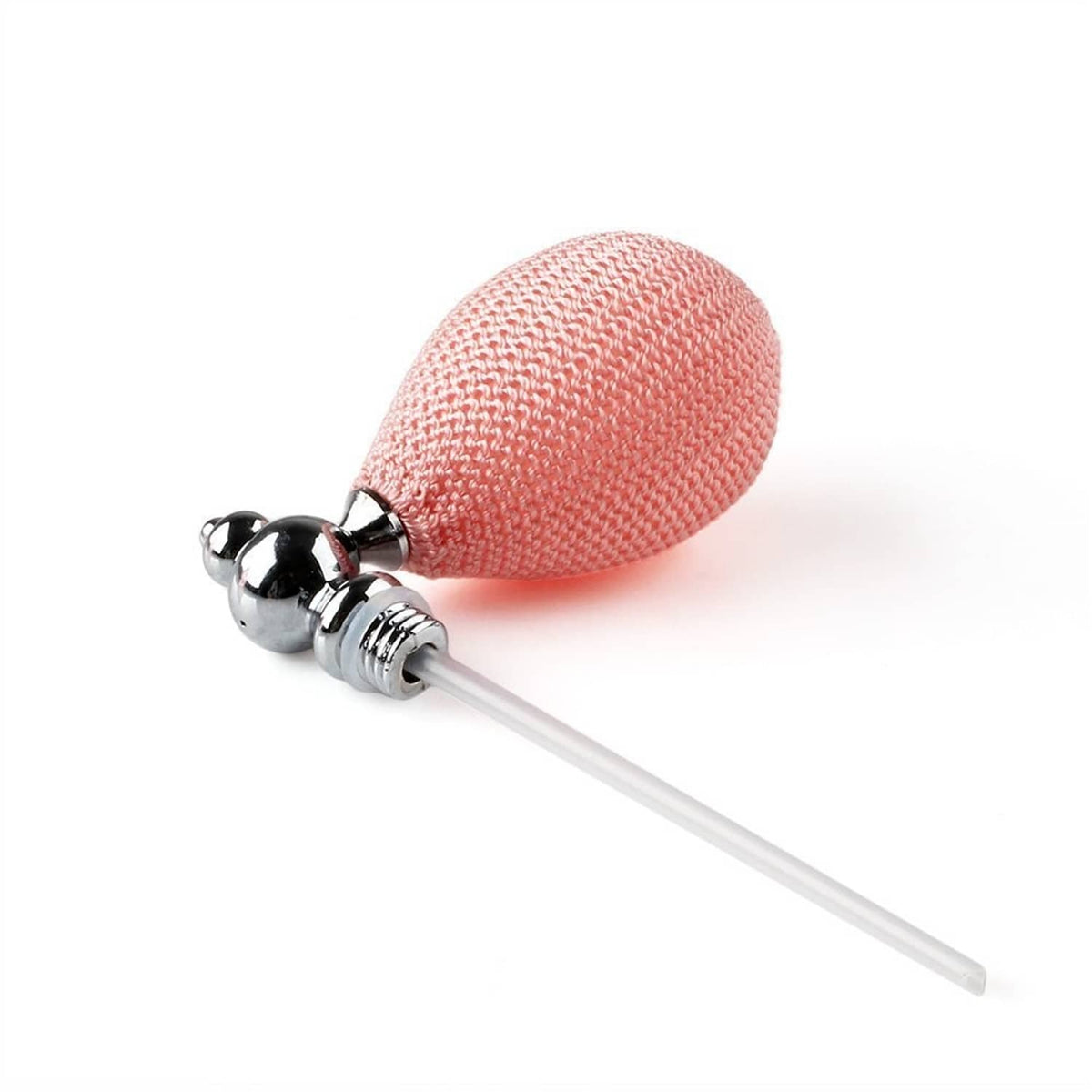 Refillable perfume atomizer with textured pink sprayer bulb and chrome handle