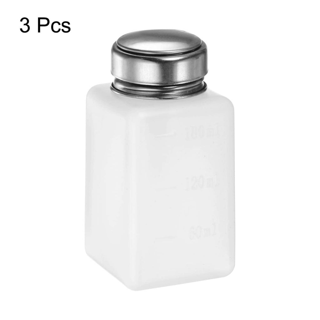 White 3-pack alcohol dispenser bottle with silver push-down cap, front view.