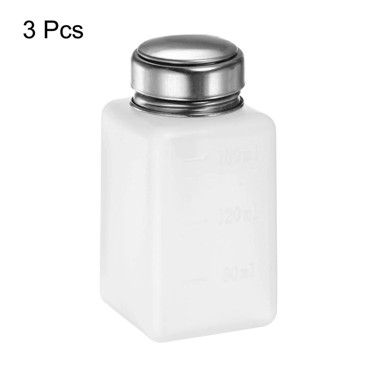 White 3-pack alcohol dispenser bottle with silver push-down cap, front view.