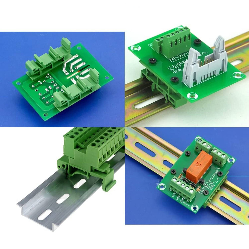 Green C45 DIN rail PCB mounting bracket with screw terminals on a circuit board