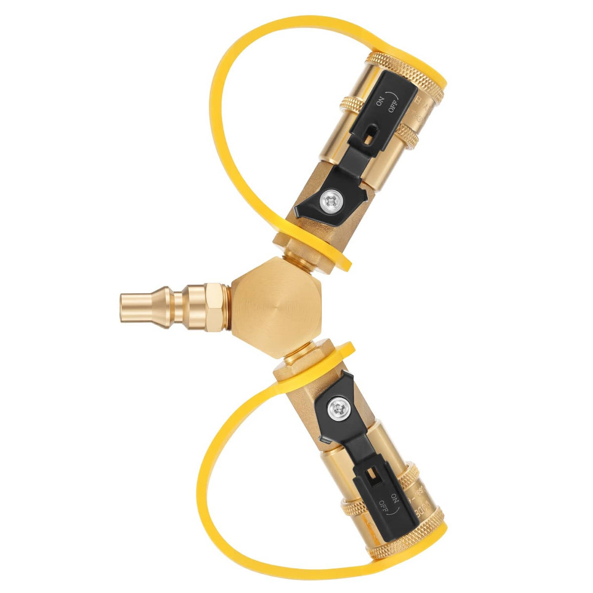 RV propane quick-connect splitter adapter with shutoff valve and two hoses