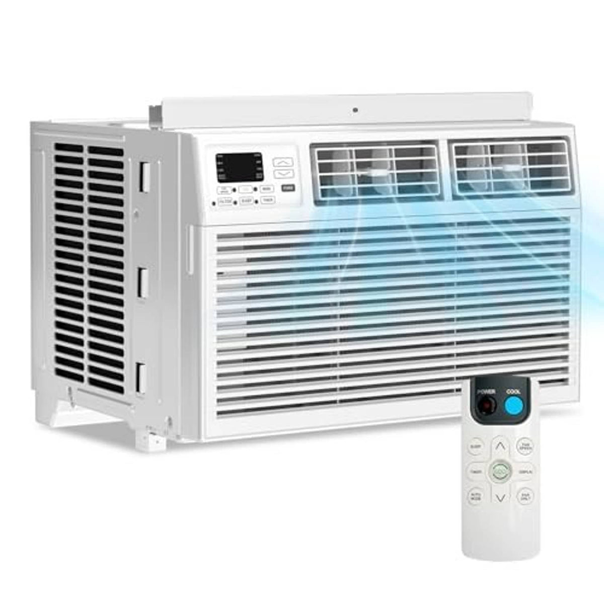 White window air conditioner with front grille, top control display, and handheld remote