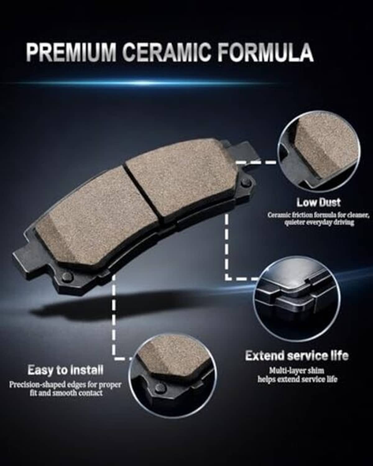 Premium ceramic brake pads with close-up friction surface and installation inset