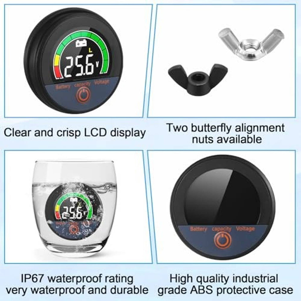 Battery monitor LCD display with mounting nuts and waterproof-rated black protective case