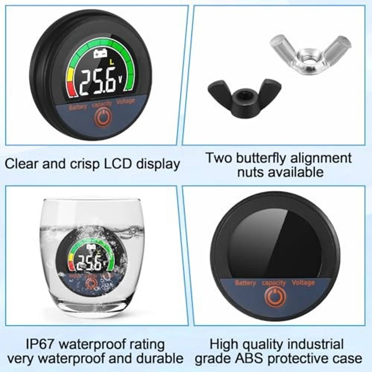 Battery monitor LCD display with mounting nuts and waterproof-rated black protective case