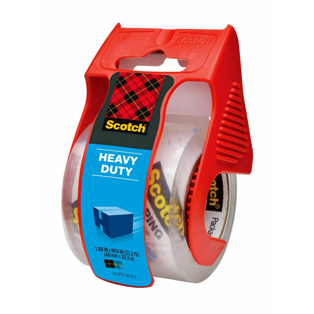Scotch Heavy Duty packaging tape dispenser holding clear tape rolls