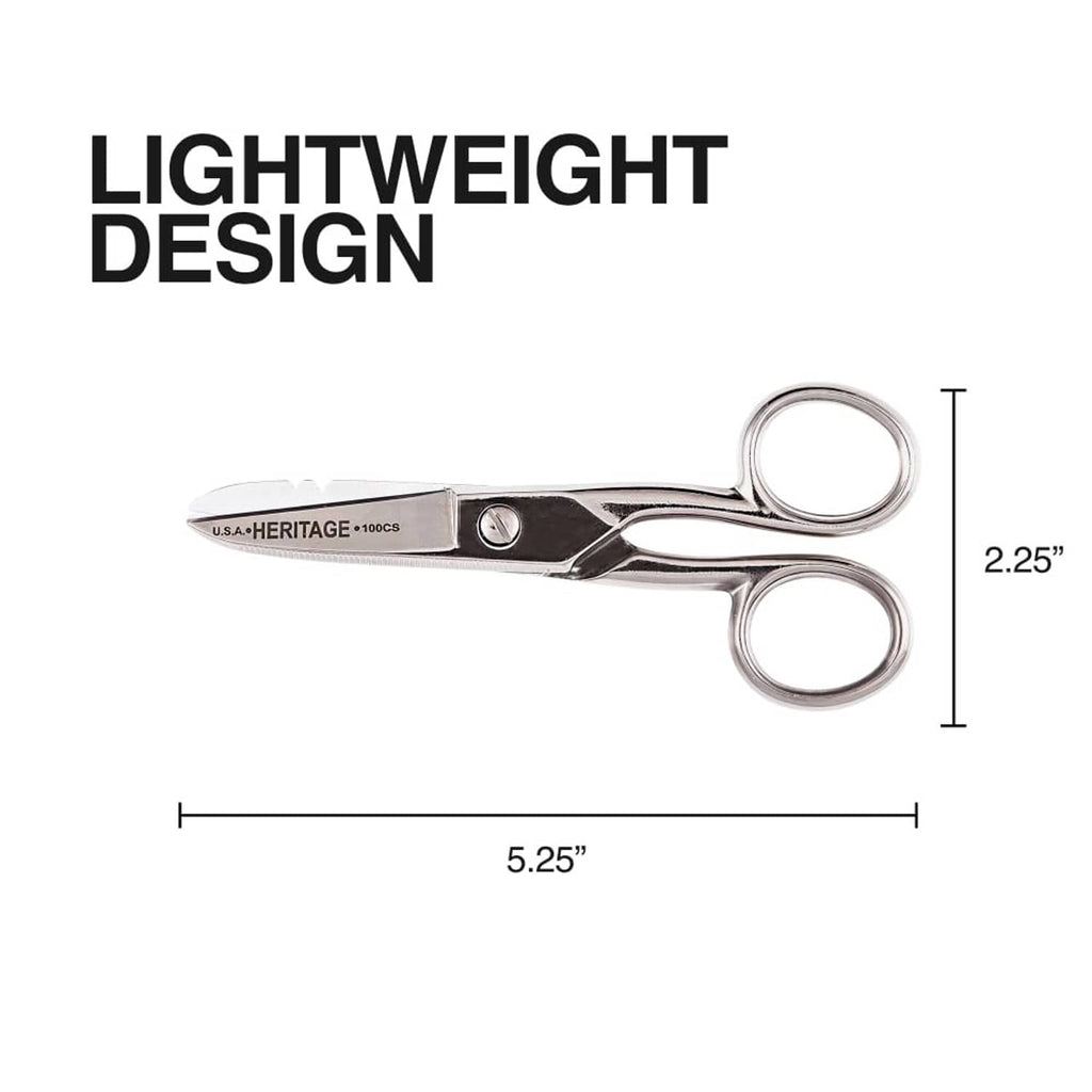 Compact nickel-finished scissors measuring 5.25 in long with 2.25 in width