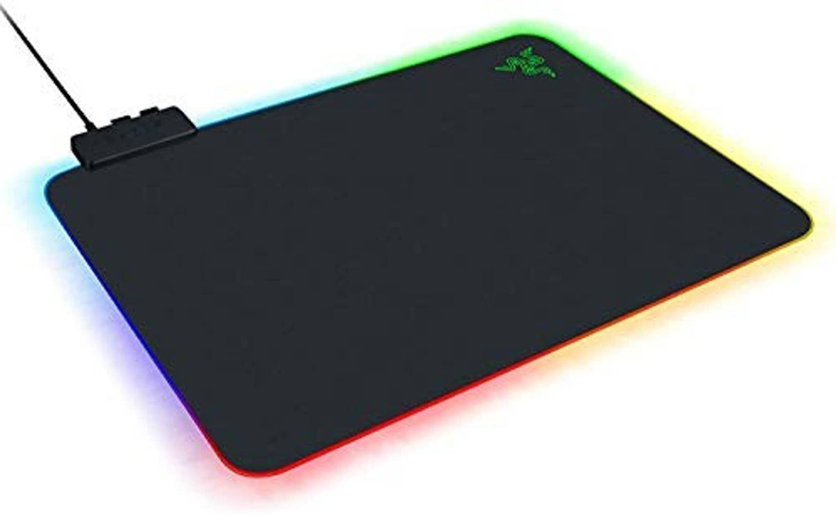 Hard gaming mouse pad with RGB edge lighting and Razer logo, rectangular black surface