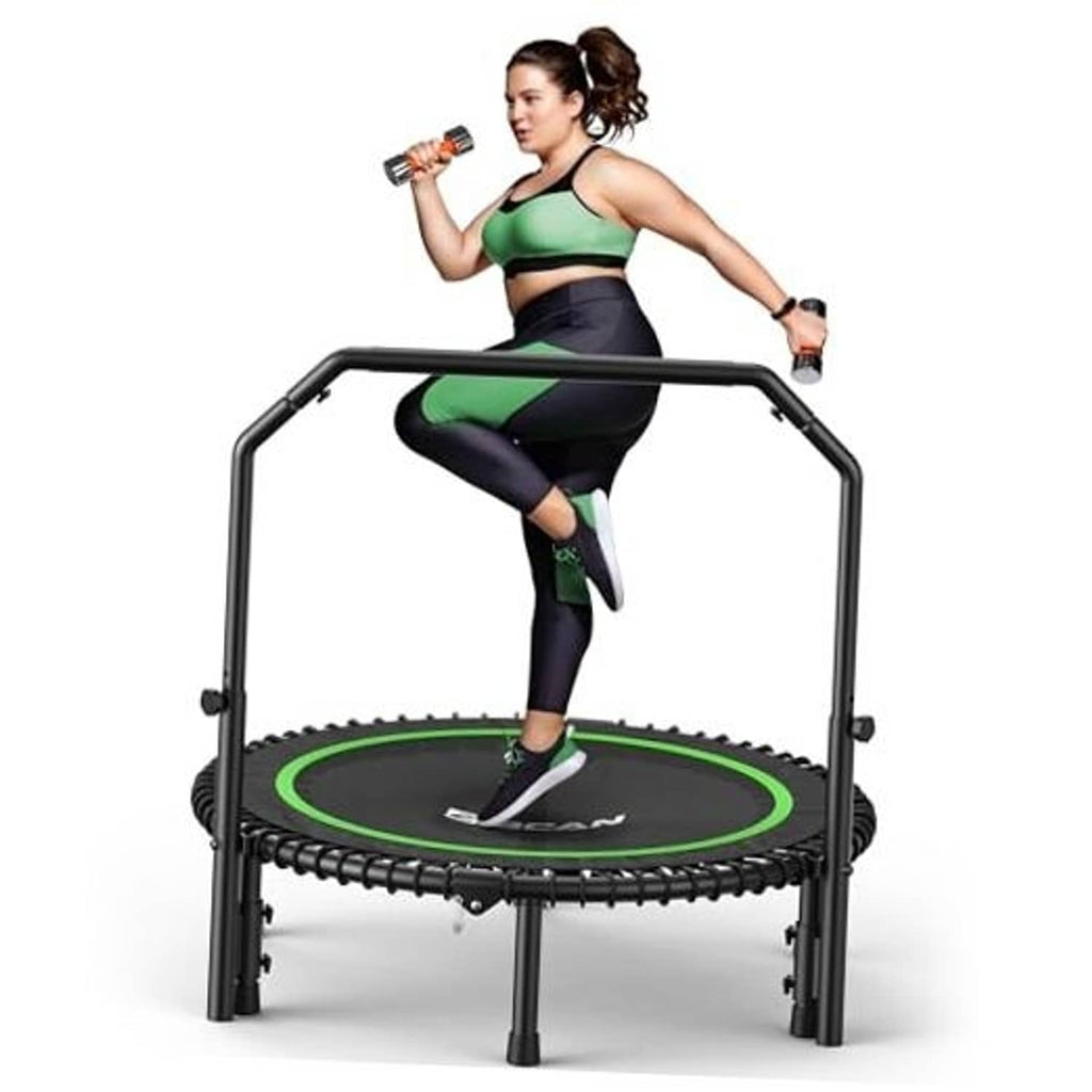 Green mini rebounder trampoline with black handlebar and round bouncing surface
