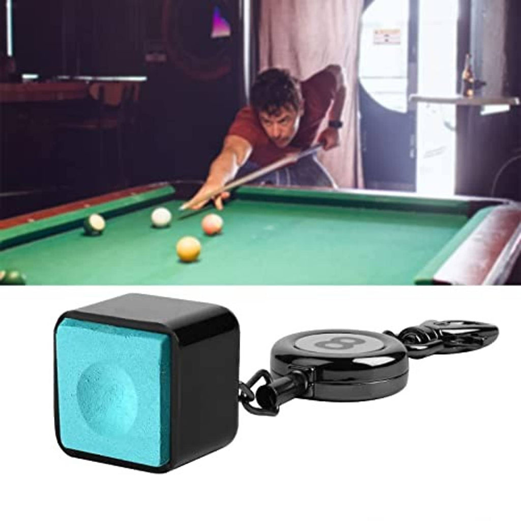 Billiard cue chalk holder with 8 ball disk charm and black case, shown with blue chalk cube