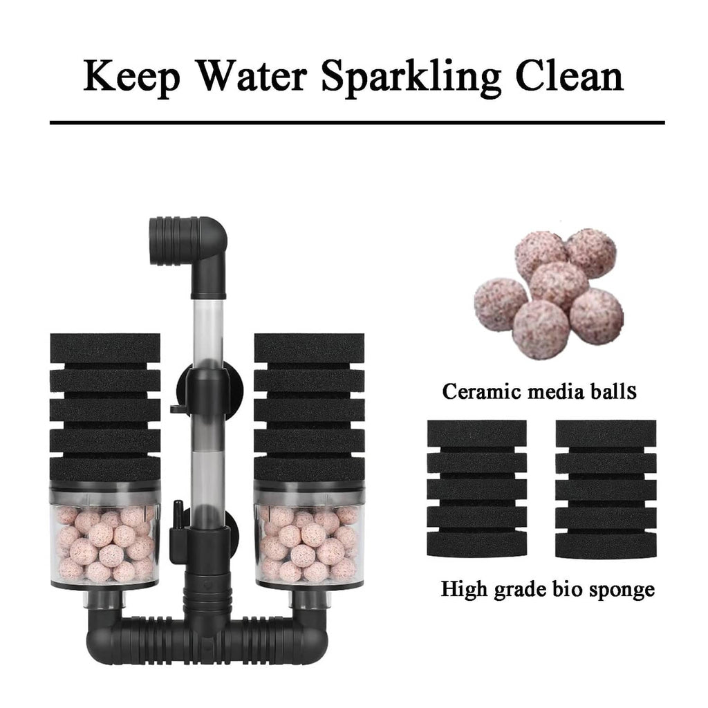 Aquarium air sponge filter with ceramic media balls and stacked foam sponge cartridges