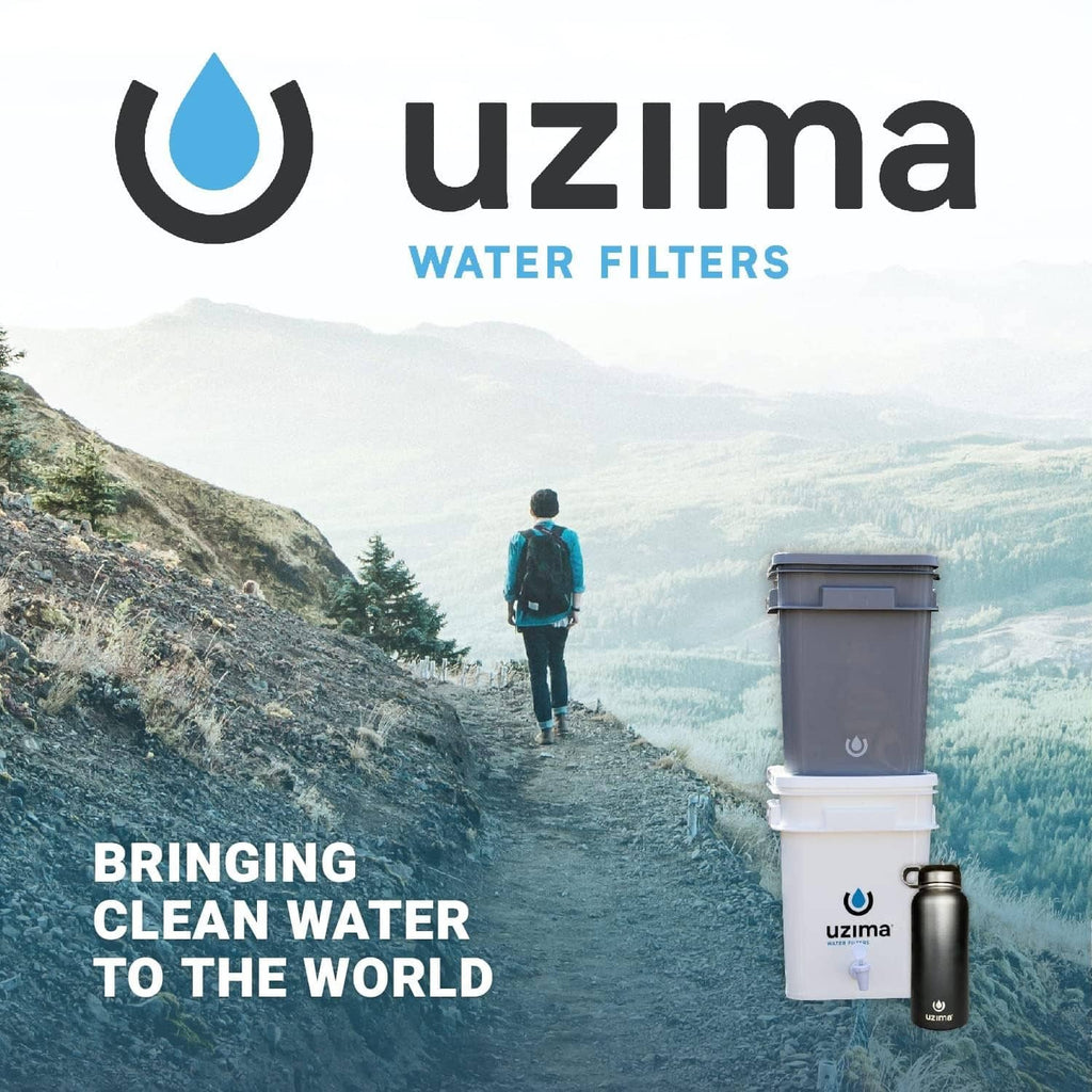 Portable camping water filter with white bucket and small filter bottle