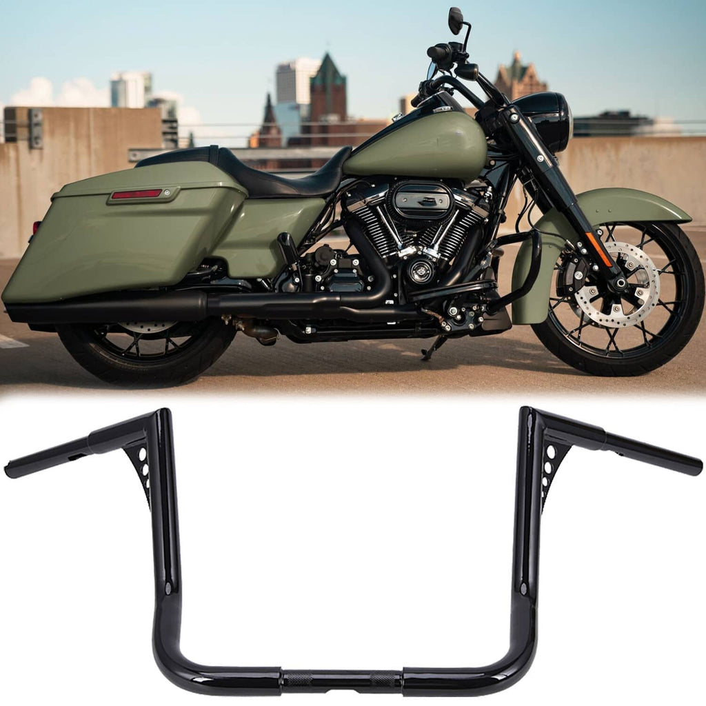 Black motorcycle handlebar bar with mounting plates and handgrip ends, shown with bike