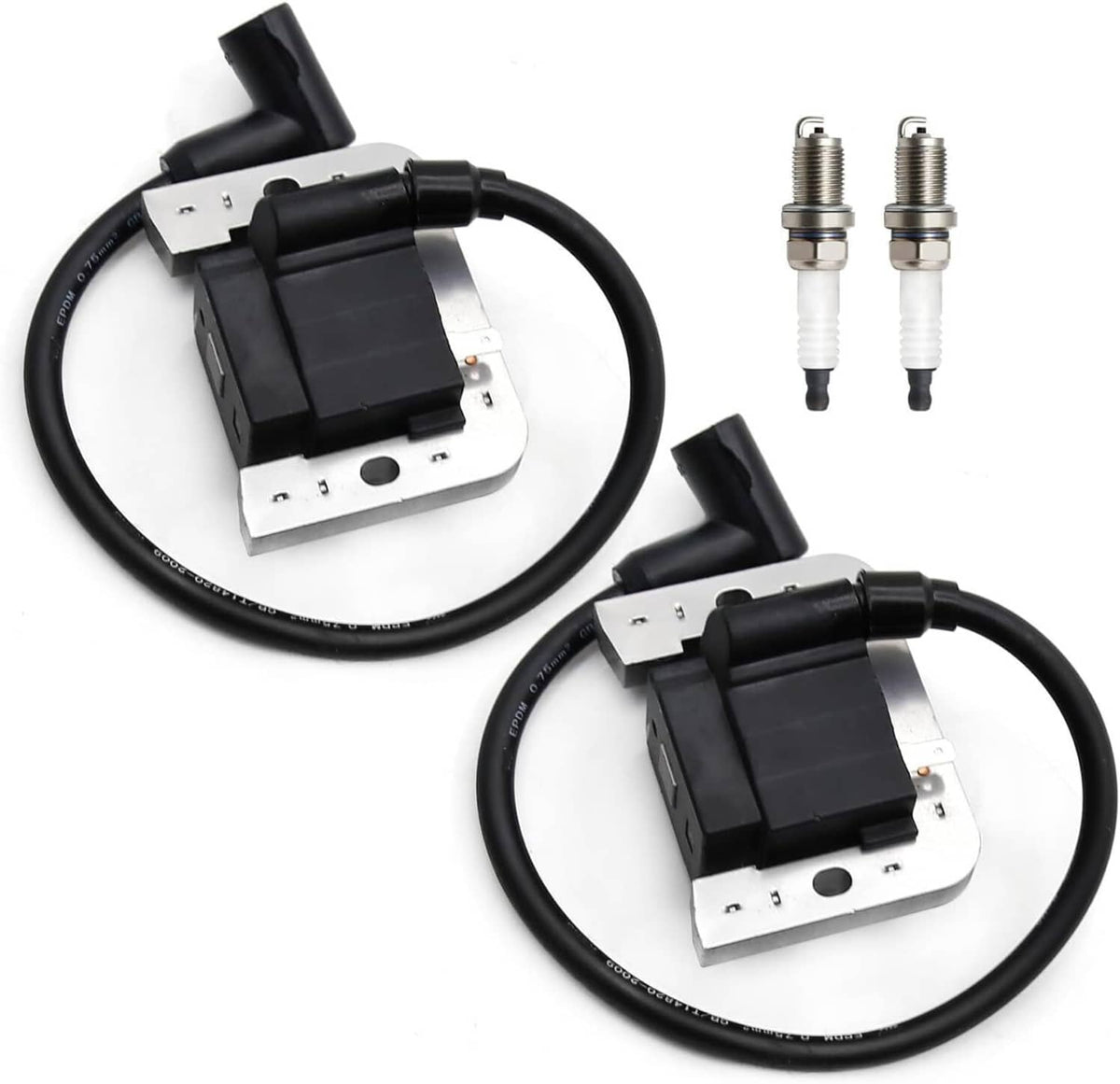 Two ignition coil modules with black wiring leads and spark plug pair